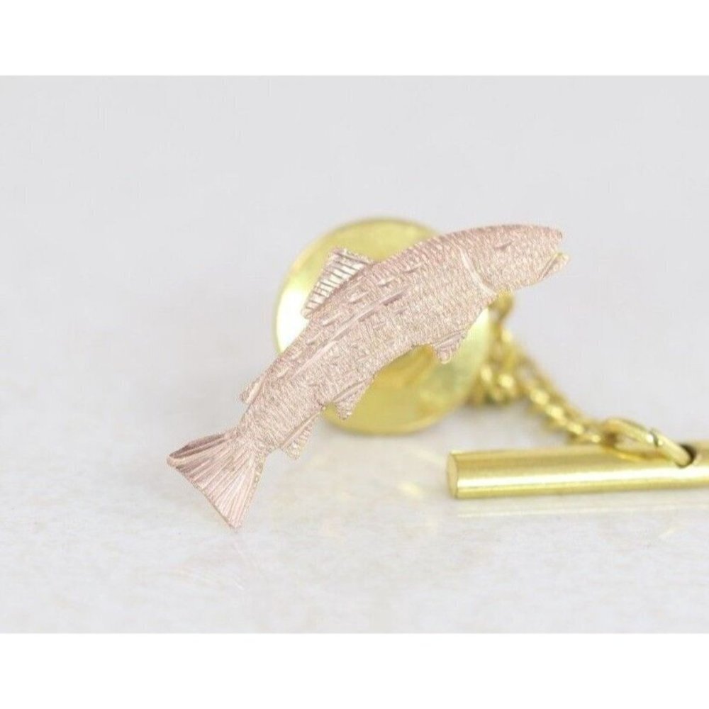 Mens 10k Rose Gold Fish Tie Tack Pin Lapel Pin Rainbow Trout Bass Salmon